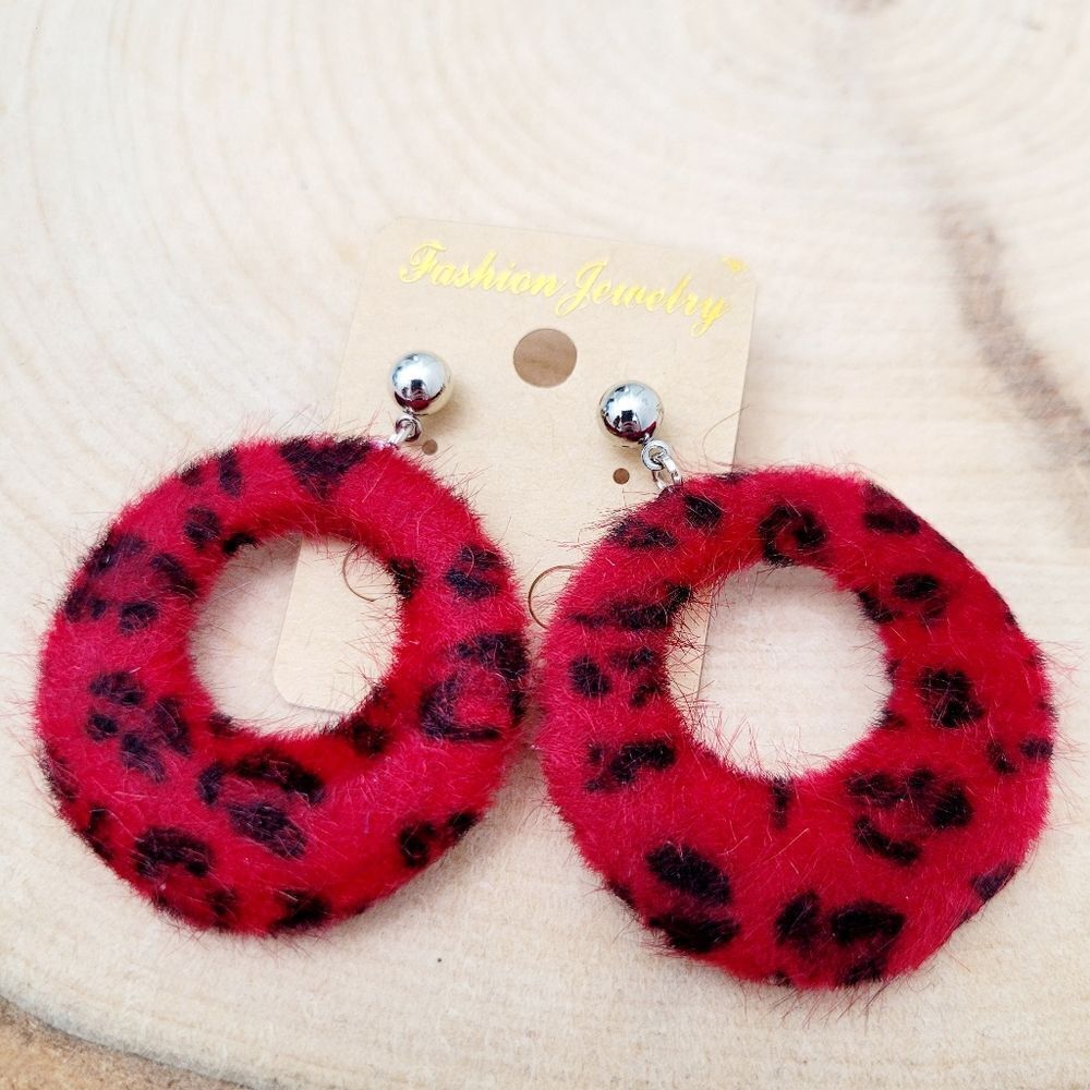 2/$20 Brand New Red & Black Fluffy Round Earrings